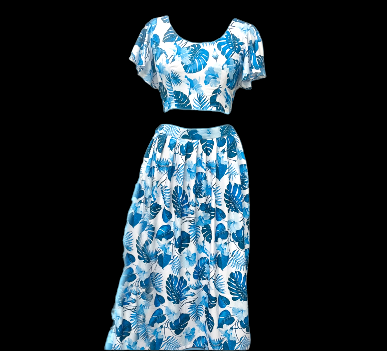 Blue Tropical Leaf Print Crop Top and Skirt Set